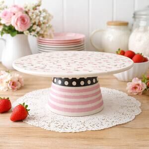 Sur La Table Ceramic Cake Stand 8.5” Floral Striped Pedestal Dessert Plate